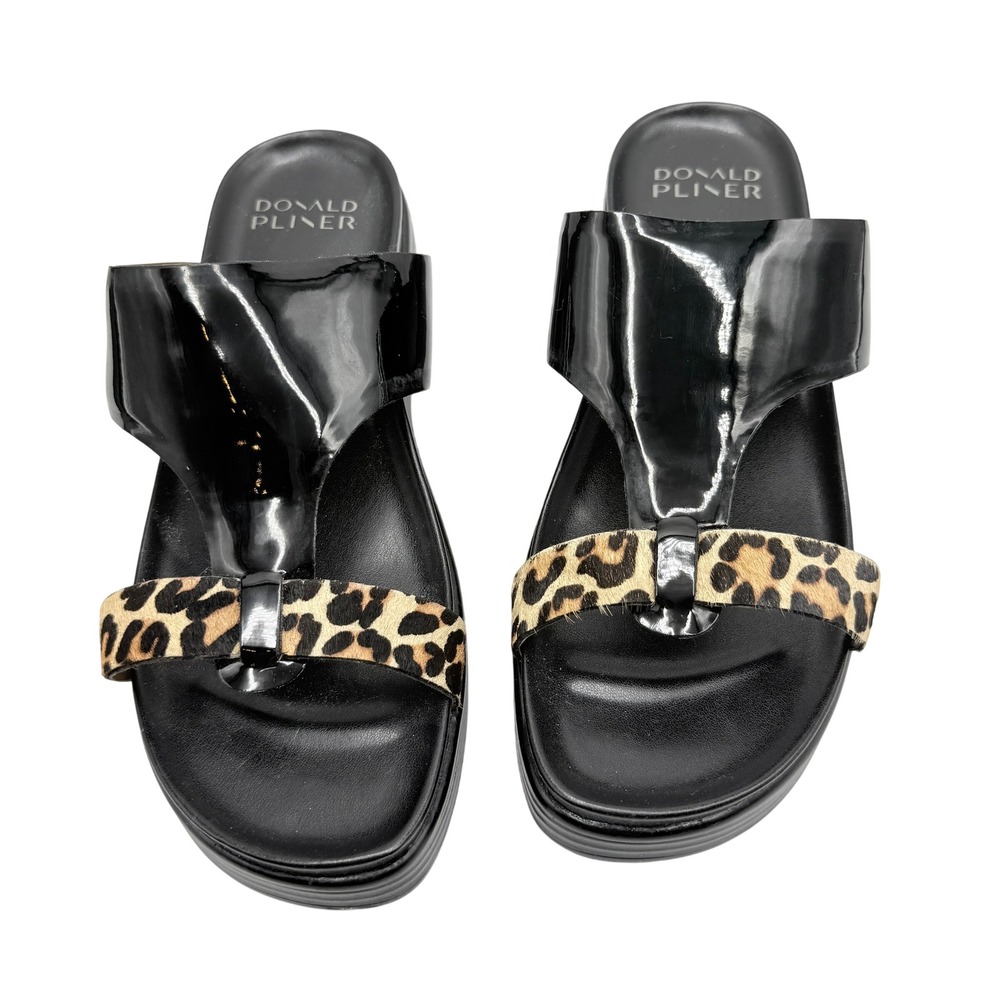 NIB Donald Pliner Gyer Leopard Calf Hair Black Patent Leather Wedge Sandals 9M